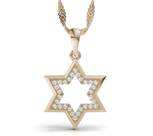 תליון מגן דוד תלת-ממדי מזהב צהוב משובץ יהלומים על שרשרת, מצולם על רקע לבן.